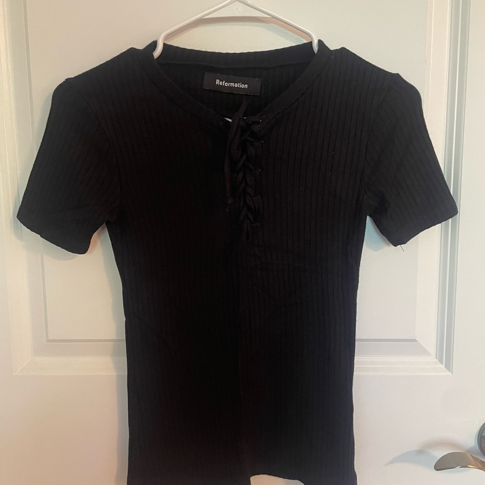 Reformation Black Lace-Up Ribbed Top
